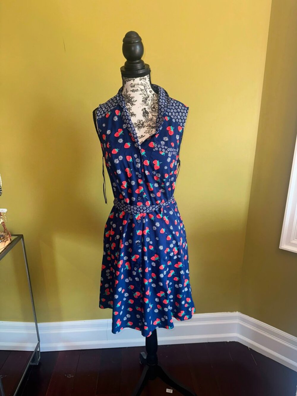 Vintage Retro Strawberry Print Midi Collared Dress Blue Daisy Cottagecore Summer - Picture 5 of 13